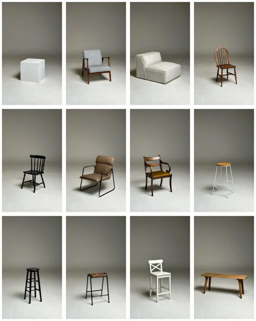 A wide selection of furniture and props available for hire at Lite Studio near Rugby — from stools to feature chairs