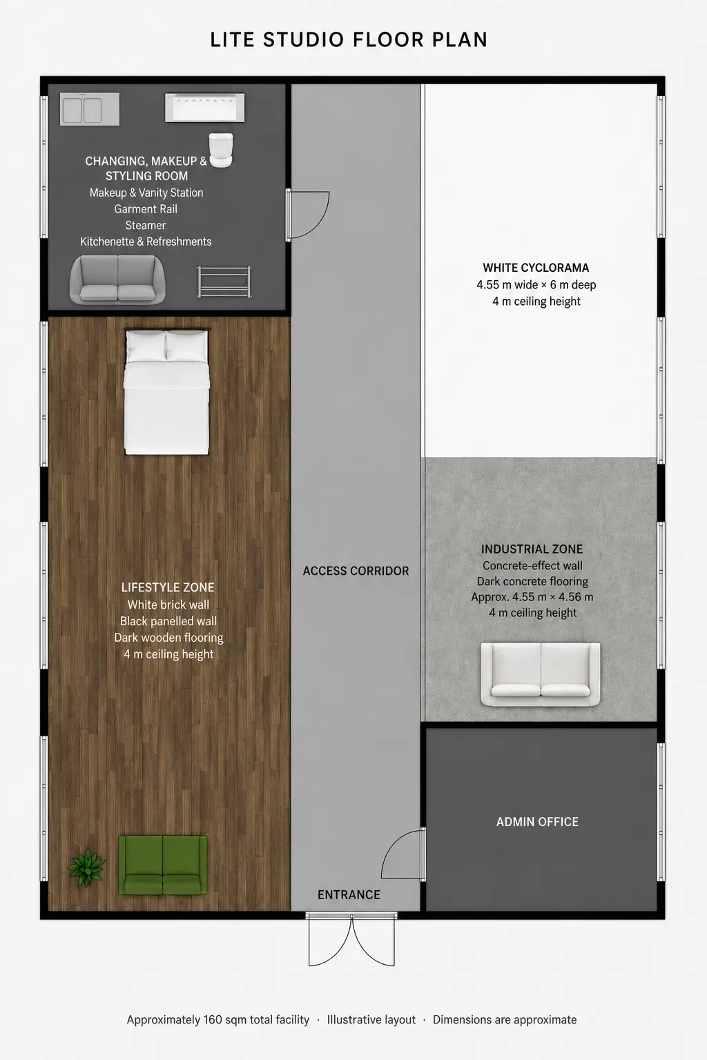 Lite Studio Floor Plan Floor plan of Lite Studio commercial photography studio showing cyclorama, lifestyle zone, industrial zone, changing room and office